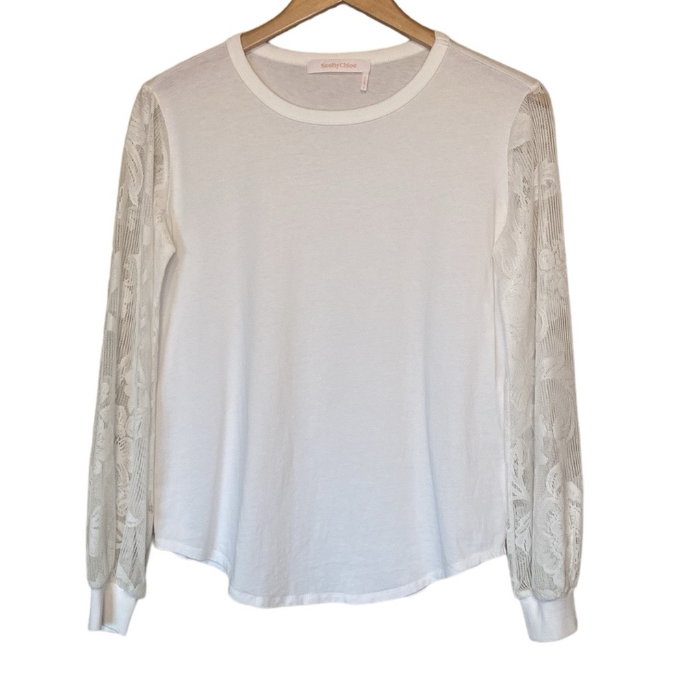 See By Chloé Crewneck Embroidered Lace Long-Sleeve Cotton White Top S